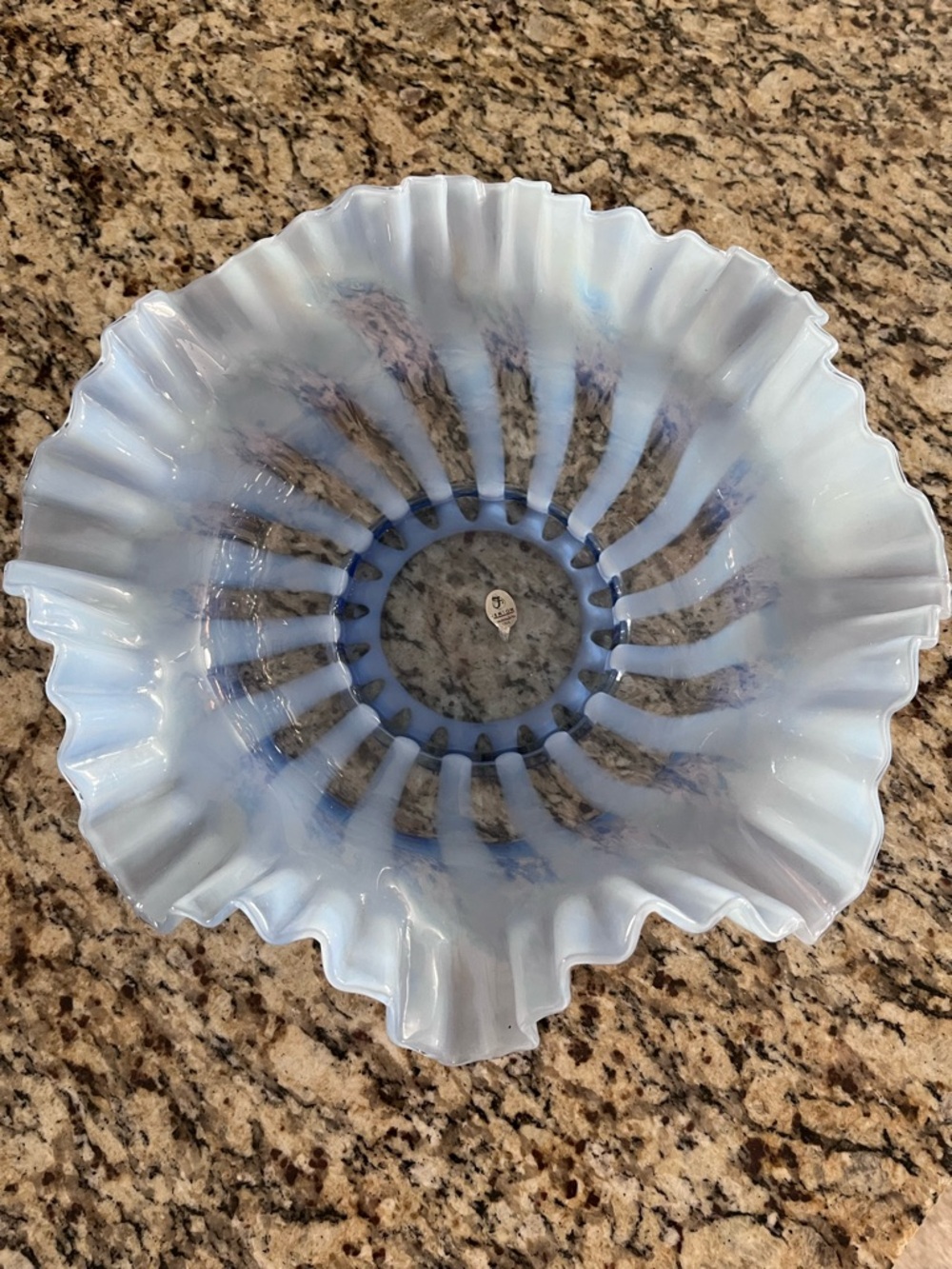 Vintage Fenton Provincial Blue Rib Optic Opalescent Bride’s Bowl Double Ruffle - Picture 9 of 11